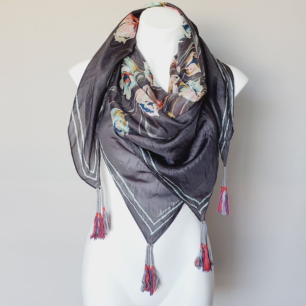 Johnny Was Floral Garden Multi Tasseled Silk Scarf Wrap